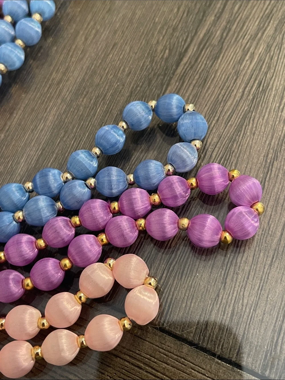 Vintage 3 Necklaces with Spun Silk Satin Beads Gold Tone Spacers 30 In. Approx